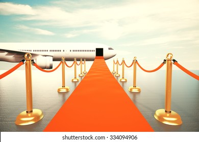Red carpet leading to the first class of plain concept