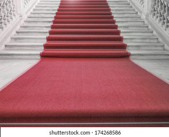 Red carpet on a stairway used to mark the route taken by heads of state, vips and celebrities on ceremonial and formal occasions or events