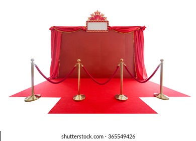 Red Carpet And Rope Barrier And Backdrop On White.