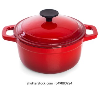 Red Cast Iron Cooking Pot, Isolated On White Background.