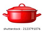 red cast iron enamel frying pan. Dutch oven, isolated on white