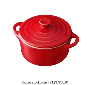 Red Cast Iron Enamel Frying Pan. Dutch Oven, Isolated On White