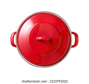 Red Cast Iron Enamel Frying Pan. Dutch Oven, Isolated On White