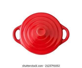 Red Cast Iron Enamel Frying Pan. Dutch Oven, Isolated On White