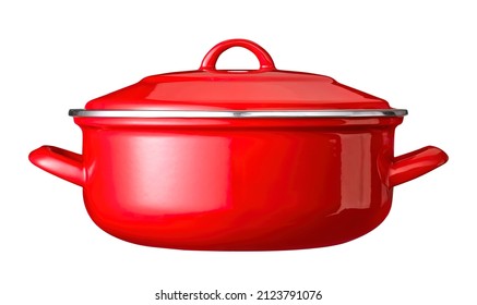 Red Cast Iron Enamel Frying Pan. Dutch Oven, Isolated On White