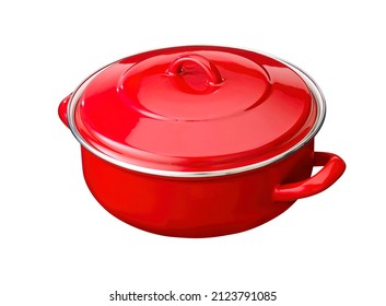 Red Cast Iron Enamel Frying Pan. Dutch Oven, Isolated On White