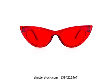 Red Cat Eye Sunglasses With Thick Frame At Isolated White Background, Front View