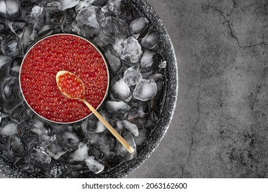 Red caviar in can on ice with spoon on grey background