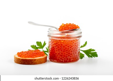 red caviar jar and snack isolated on white background