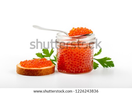 red caviar jar and snack isolated on white background