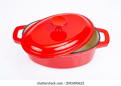 Red Ceramic Cast Iron Casserole Dish. Studio Photo.