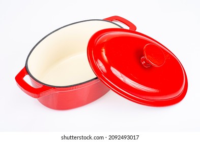 Red Ceramic Cast Iron Casserole Dish. Studio Photo.