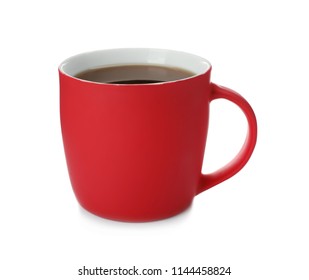 Red ceramic cup with hot aromatic coffee on white background