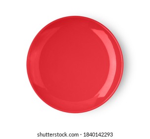 Red Ceramic Plate Isolated On White Background Top View