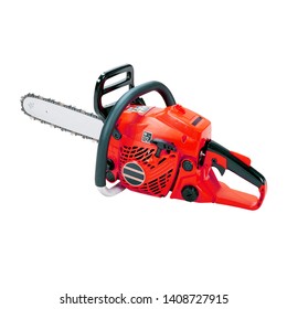 Red Chainsaw Isolated On White Background. Portable Mechanical Gas Powered Cutting Chain Saw With Full-Chisel Saw Chain. Outdoor Power Equipment. Garden Power Tools. Woodworking Tool Side View