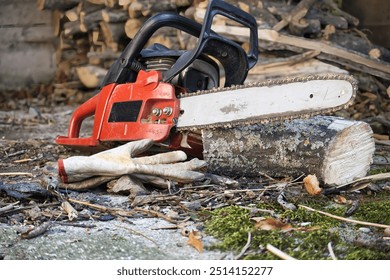 A red chainsaw lying on a log with work gloves nearby, depicting outdoor woodcutting and forestry tasks. - Powered by Shutterstock