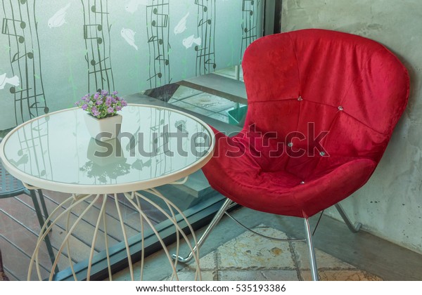 Red Chair Glass Table Cement Wall Food And Drink