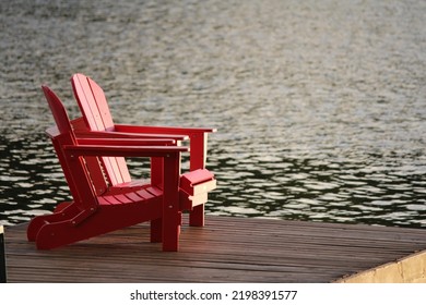 Red Chair On Deck Cottage Lake Water Nature Summer Background