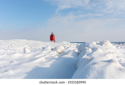 The Red Charlevoix Lighthouse In Winter