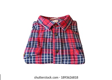 Red Checkered Flannel Shirt Folded On A White Isolated Background. Top View.