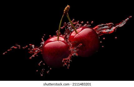 red cherries in red juice splash on a black background - Shutterstock ID 2111483201