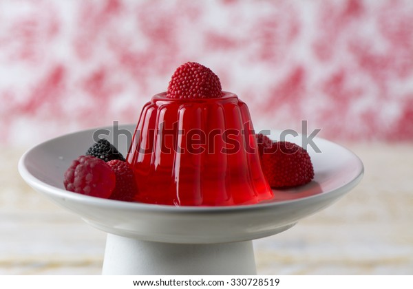 Red Cherry\
Gelatin Dessert Homemade on\
cakestand