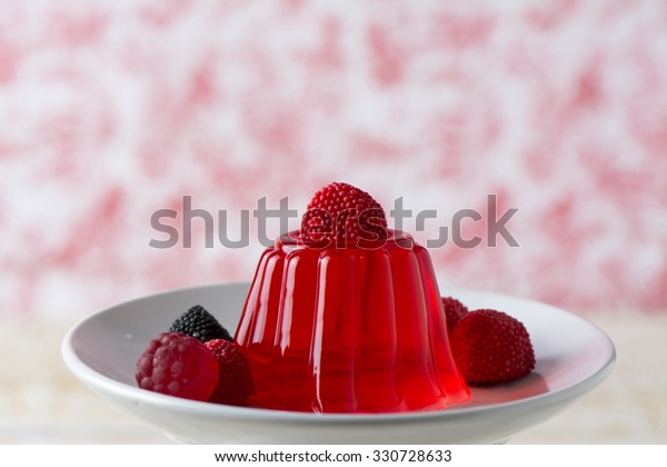 Red Cherry\
Gelatin Dessert Homemade on\
cakestand