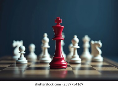 A red chess king piece standing on a chessboard, with other white chess pieces in the background