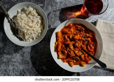 Red Chicken Curry With Basmati Rice. Chicken Tikka Masala. View From Above.