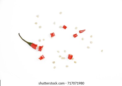 Red chili exploded into small pieces with many seed inside and dried chili powder - Shutterstock ID 717071980