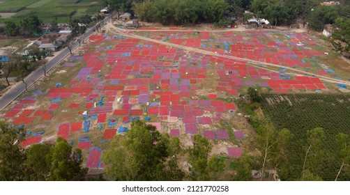 Red Chili Field In Bangladesh.  Aerial View.