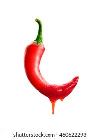 Red Chili Pepper With Hot Chili Sauce Drippings Isolated On White Background