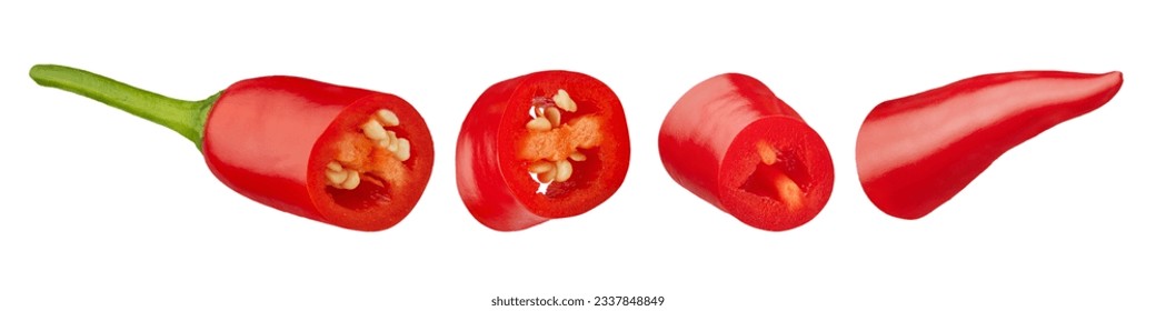 Red chili pepper on a white isolated background. Pepper cut into slices on a white background close-up. Isolate of different parts of hot pepper. High quality photo.