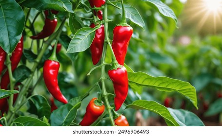 Red chili peppers in plant are growing in garden