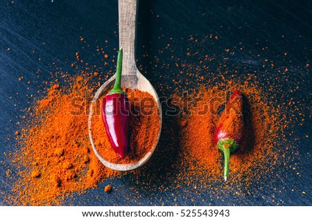 Red chili peppers, spicy on a wooden spoon. Chilly on a wooden spoon. Vegetable. Concept of hot food. 