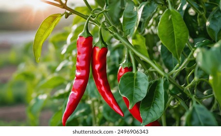 Red chili peppers and two red chilies plants in the garden