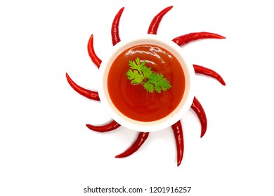 Red Chilli Pepper With Chilli Sauce Isolated On White Background