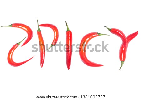 Red chilli peppers in "SPICY" text on white background