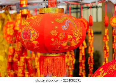 Red Chinese flashlight. New Year's Fair with Chinese red lanterns. TET holiday in Vietnam.