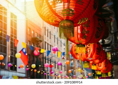 Red Chinese lantern in Chinatown in New York city, USA. Festive decoration for Chinese New Year celebration