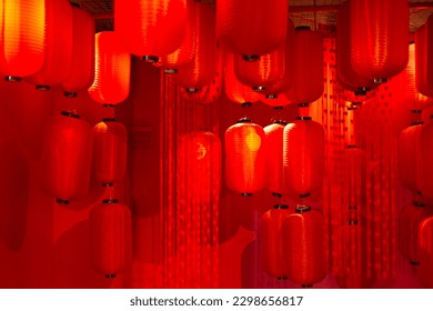 red Chinese lantern decoration room background with hearts shape curtain - Powered by Shutterstock