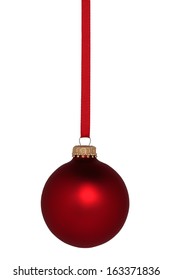 Red Christmas Ball Ornament Hanging On Red Ribbon.