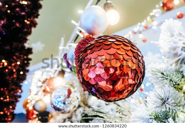 Red Christmas Balls Decoration Hanging Ceiling Stock Photo