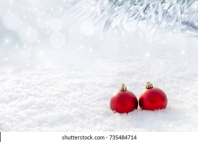 Red Christmas Balls In The Snow. Copy And Paste.