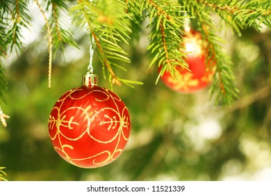 Red Christmas Balls In A Tree Outside During Winter