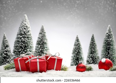 Red Christmas Balls,gift Boxes And Fir Tree On Snow