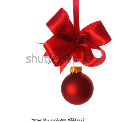 red christmas bauble with ribbon isolated on white background