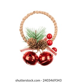 Red Christmas bells with pine cones and tree branches. Christmas wreath - Powered by Shutterstock