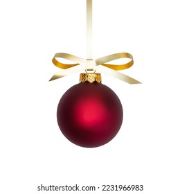 Red Christmas decoration bauble with ribbon bow isolated on white background. Traditional Xmas glass ball on white. Holiday decoration template. Shiny Christmas Bulb with gold spiral ribbon.