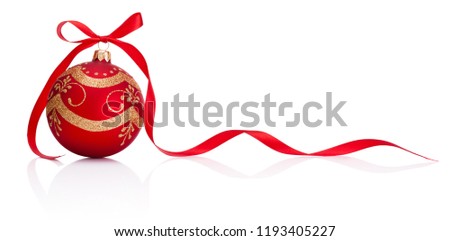 Red Christmas decoration bauble with ribbon bow isolated on white background